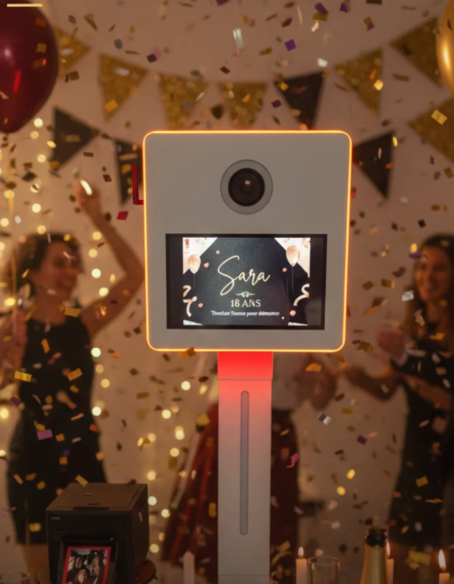 Photobooth en situation lors d'un anniversaire avec confettis et invités